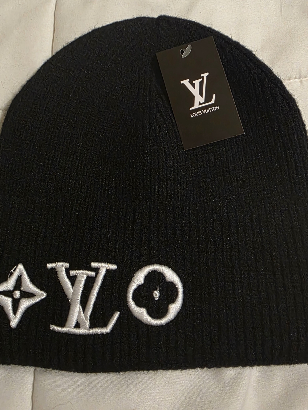 Louis Vuitton Black Knit Beanie with White Logo Embroidery